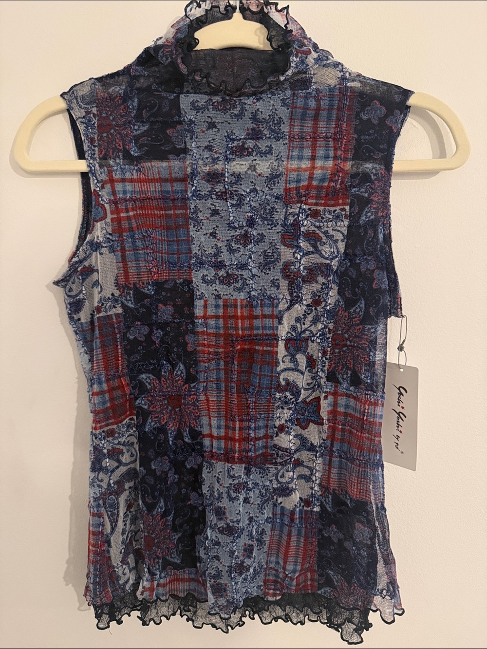 Sleeveless Mock Neck Patchwork Ruffle-Trim Blouse CottageCore Festival- MSRP$118